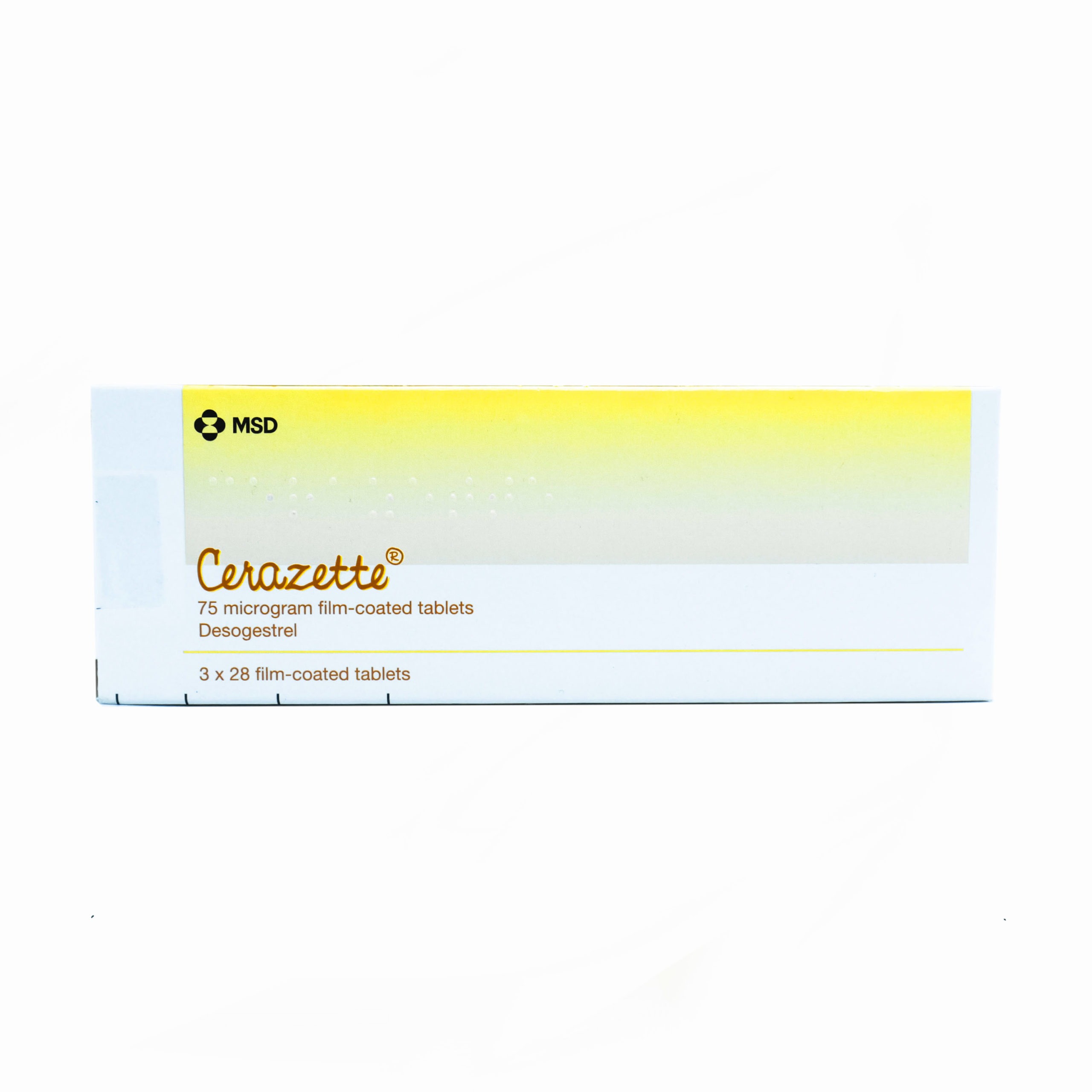 Box of Cerazette desogestrel 75 µg contraceptive pill with blister pack
