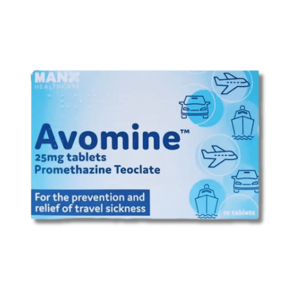 Box of Avomine 25mg Tablets used to treat motion sickness and nausea