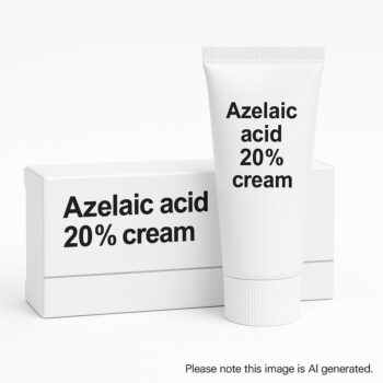 A white pharmaceutical box labelled “Azelaic acid 20% cream” with a tube of cream in front
